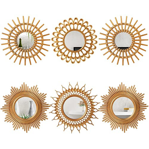 Namalu 6 Pcs Sunburst Mirror for Wall Decor, Small Circle Sun Decorative Mirror Hanging for Art Entryway Home Decor Bathroom Bedroom Living Room(Classic,Gold) | Amazon (US)