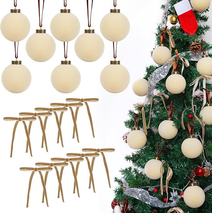 15PCS Ivory White Velvet Christmas Balls 3.15", Flocked Ornaments Combo with 10PCS Velvet Bows, N... | Amazon (US)