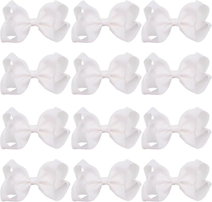 4 Inch Boutique Girls Hair Bows Hair Clips for Baby Girls Toddlers 12 Pcs Solid Color (White) | Amazon (US)