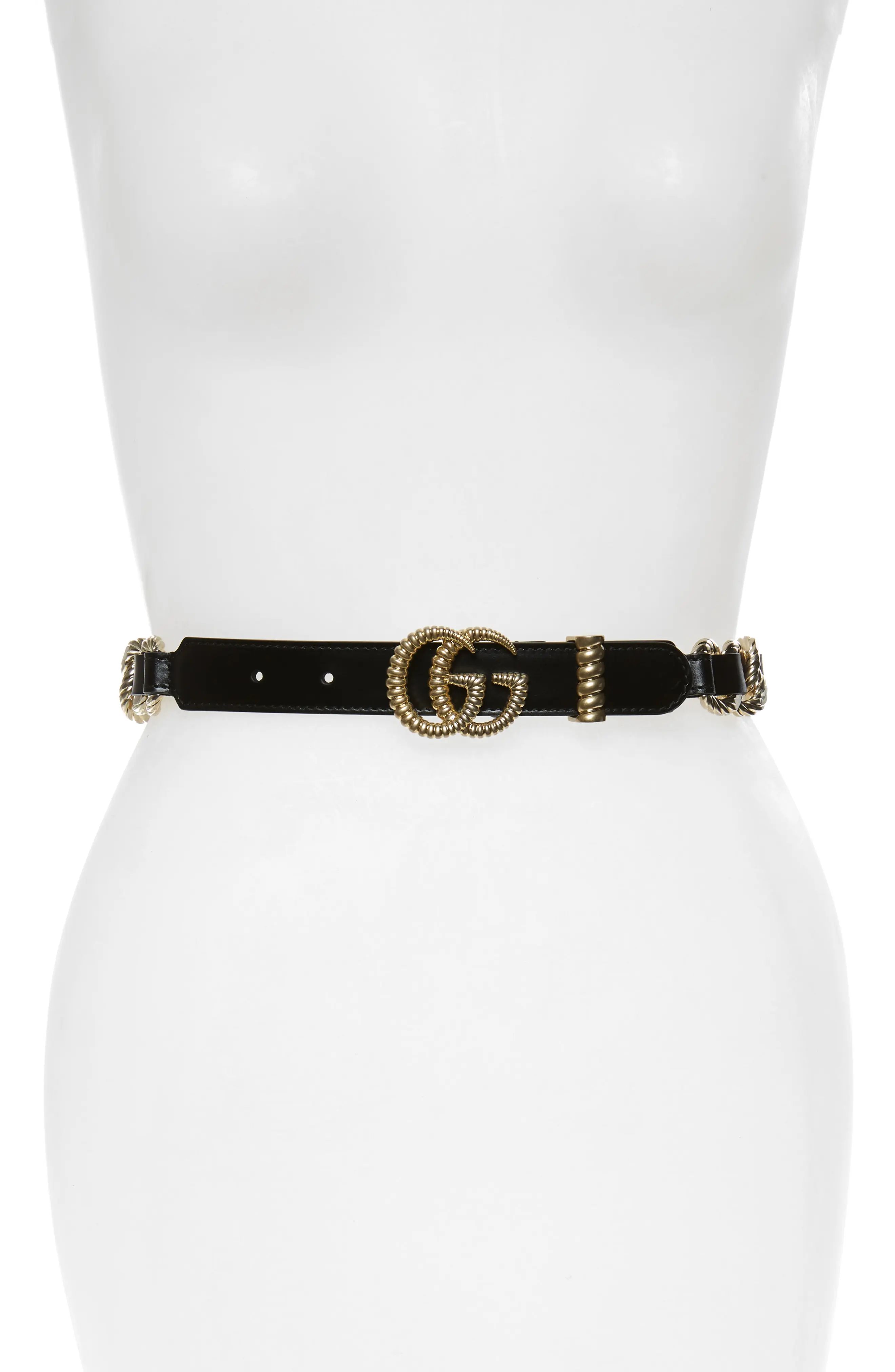 Women's Gucci Textured Gg Chain & Leather Skinny Belt, Size 90 - Nero | Nordstrom