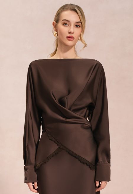 Scalloped Lace-Trim Crisscross Satin Top in Chocolate Brown for Bridal Events & Anniversary Dinne... | Chicwish