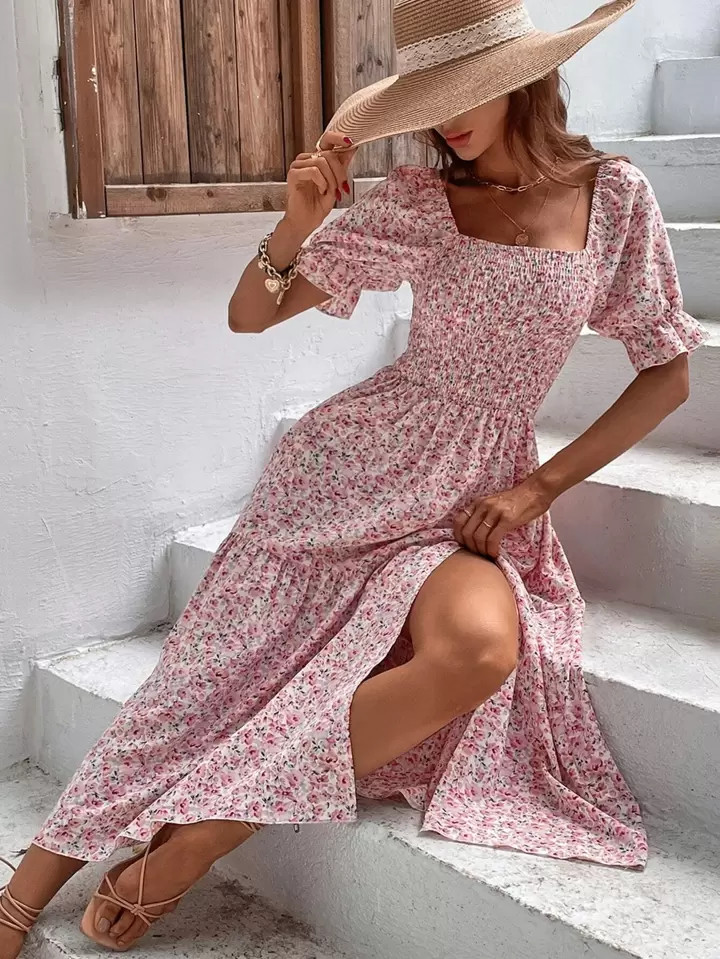 SHEIN VCAY Ditsy Floral Print Square Neck Flounce Sleeve Ruffle Hem Dress | SHEIN