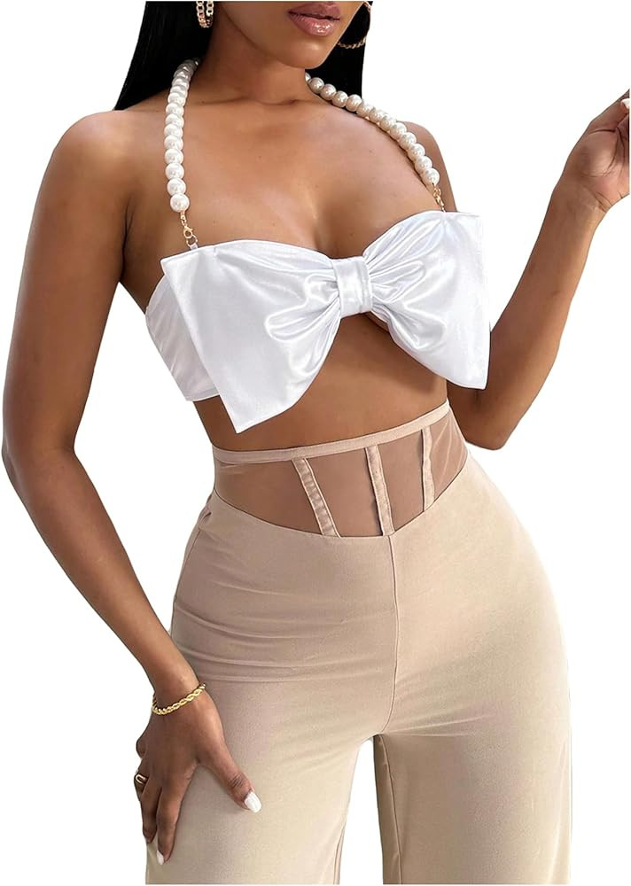 SOLY HUX Women's Pearls Beaded Halter Bow Front Cami Crop Tops Sexy Camisole | Amazon (US)