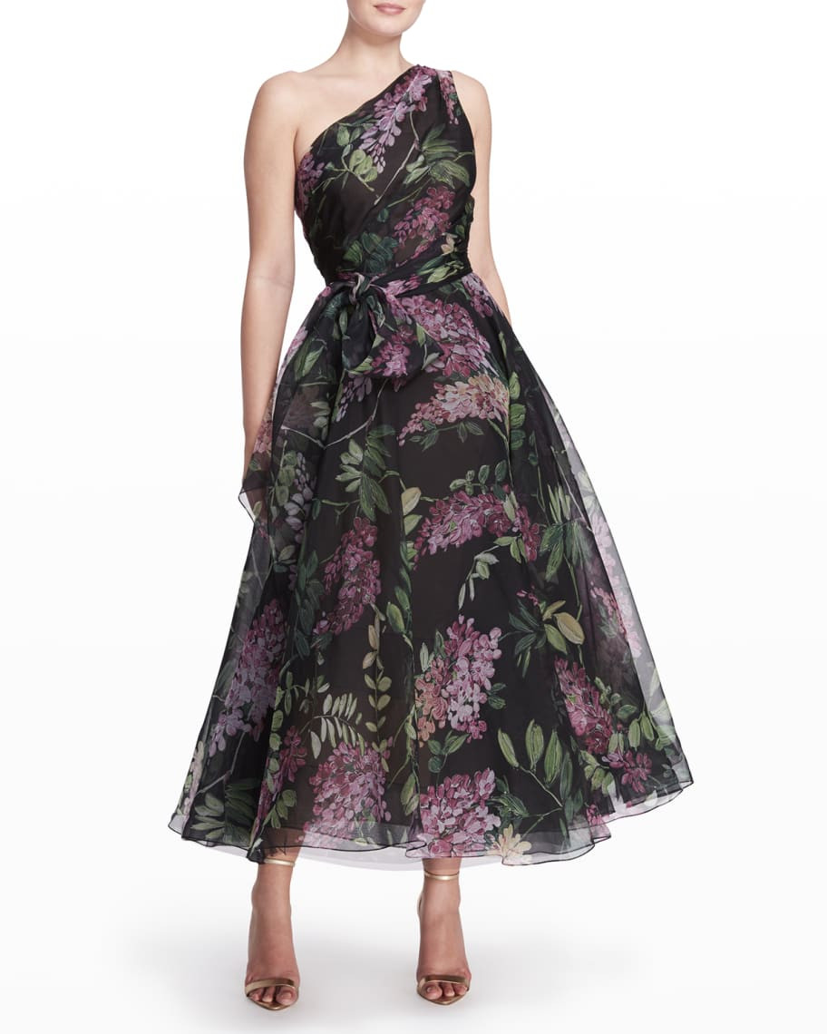 Marchesa Floral-Printed Silk-Chiffon Midi Dress | Neiman Marcus