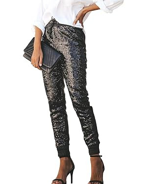 ALLUMK Womens Black Sequin Bling Legging Joggers Pencil Pants with Drawstring | Amazon (US)