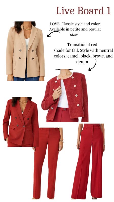 Board 1 from my Instagram live.  
Shades of red and an amazing camel blazer.  Available in petite and regular sizes. 

#LTKFind #LTKover40 #LTKstyletip