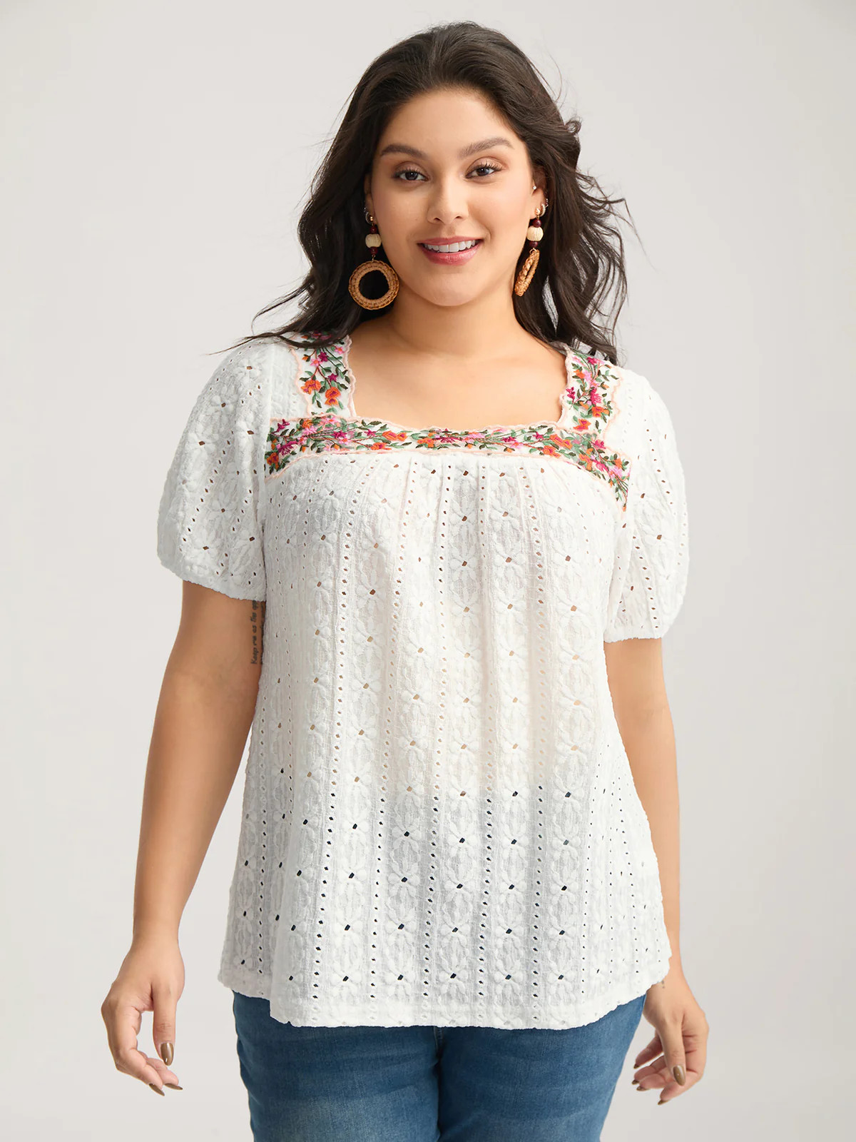 Eyelet Trim Floral Embroidered Solid T-Shirt | Bloomchic