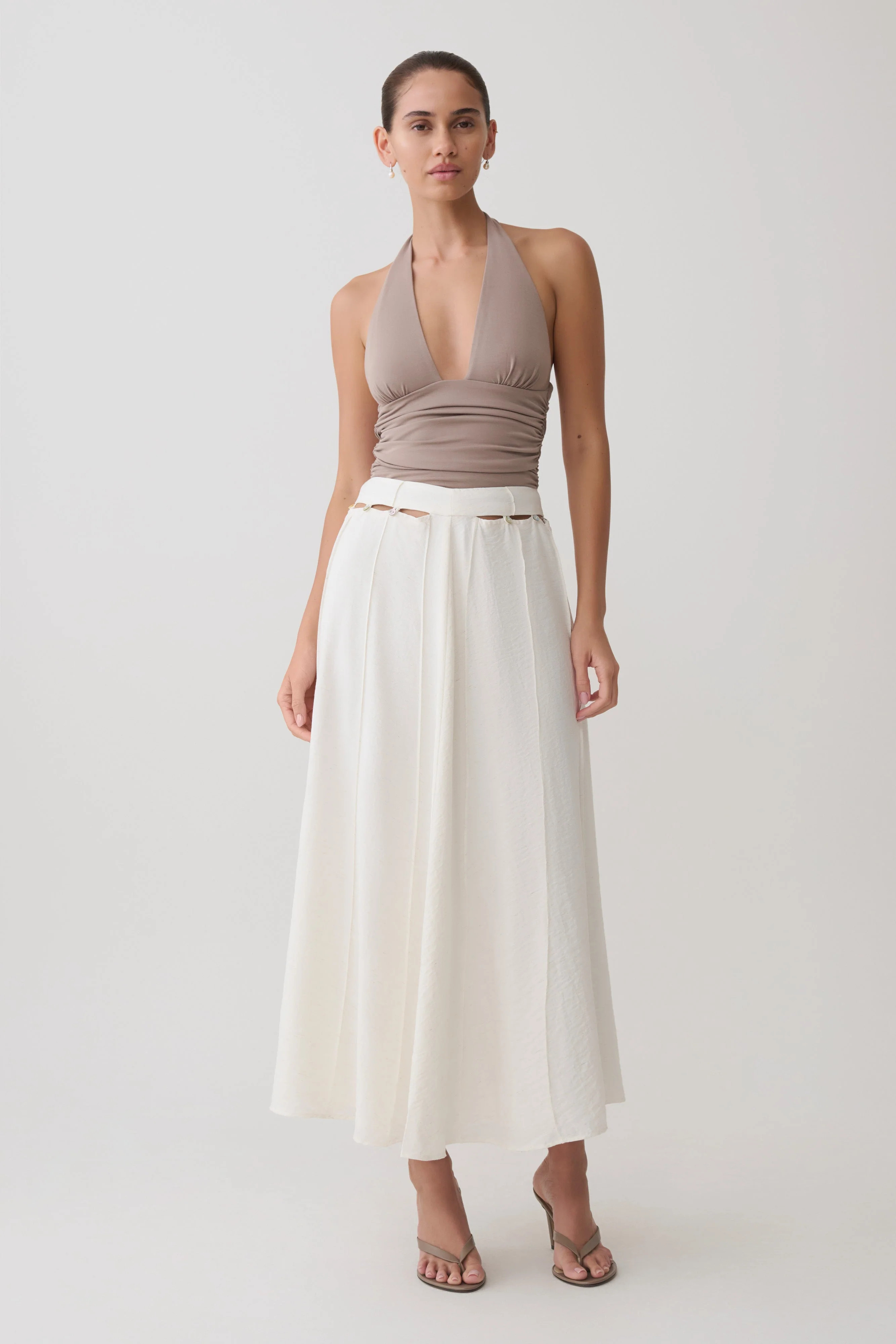 Claire Pearl Button Midi Skirt - White | Meshki UK