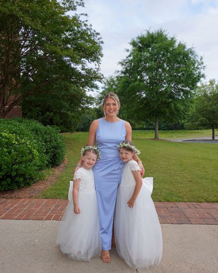 My dress from my brother’s wedding. Satin periwinkle dress - the prettiest shade of blue/purple. ✨ Felt so good in it! TTS - M reg length (I’m 5’5) 
Girls dresses & flower crowns are from Amazon! 

#LTKWedding #LTKKids #LTKFamily