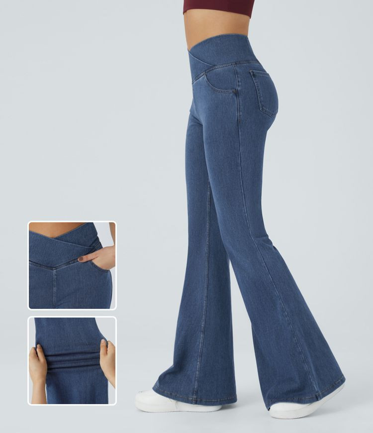 Women’s Halara Flex™ High Waisted Crossover Pocket Washed Stretchy Knit Casual Super Flare Je... | HALARA