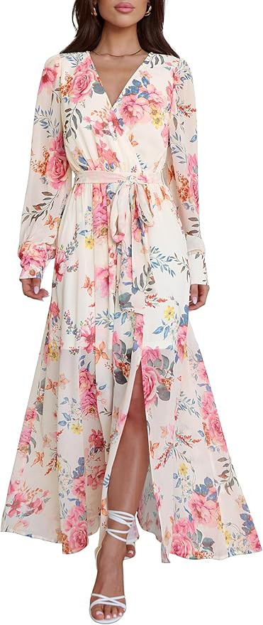 ANRABESS Women’s Long Sleeve Floral Maxi Dress Boho Flowy Wrap Slit V Neck Beach Fall Wedding G... | Amazon (US)