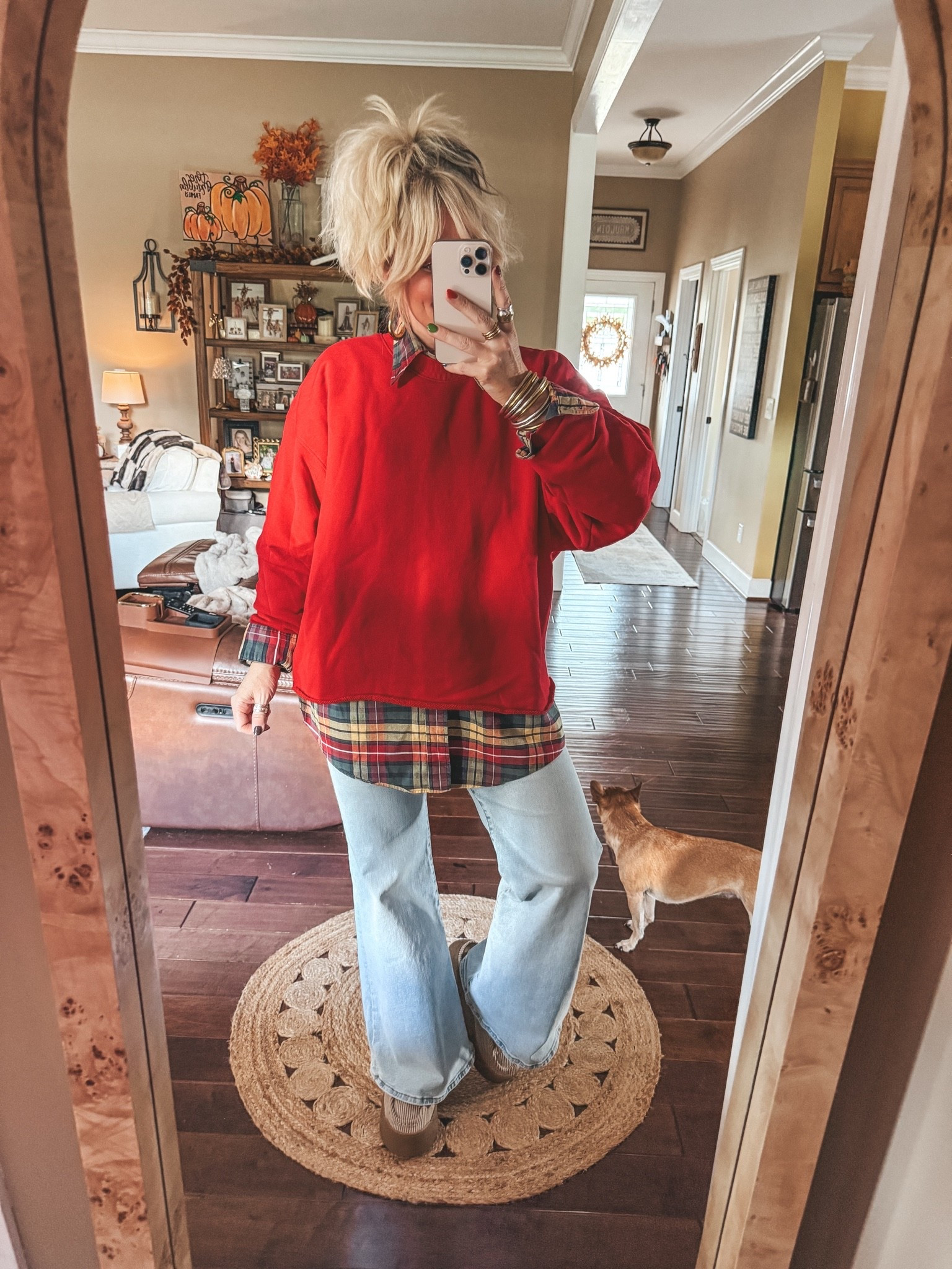 Red sweatshirt I cut the band off. It’s older from Target. 
Thrifted men’s button down L
Jeans sized up one 
Shoes true to size

#LTKOver40