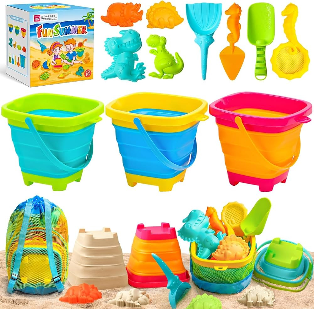 Collapsible Bucket Beach Sand Toys for Kids, Travel Beach Toys with Mesh Bag, 3 Collapsible Sand ... | Amazon (US)