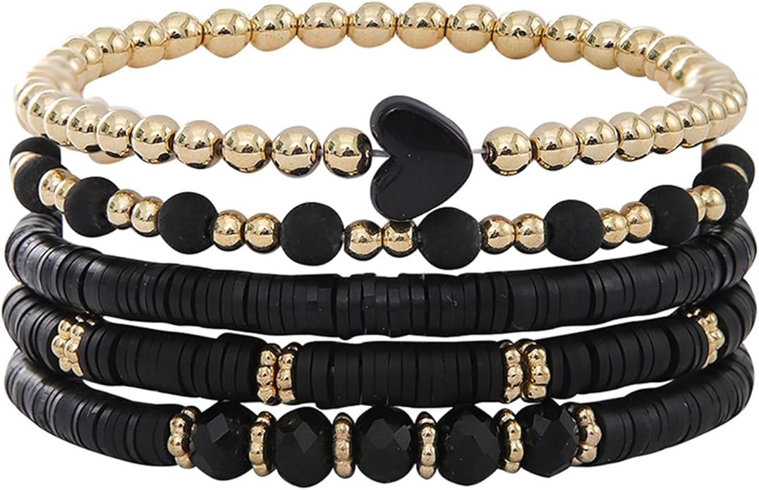 Bohemia Multilayer Heart Clay Stackable Bracelets Set Colorful Surfer Heishi Clay Gold Beaded Str... | Amazon (US)