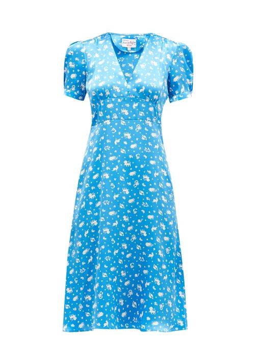 HVN - Paula Zodiac-print Silk-satin Midi Dress - Womens - Blue Print | Matches (US)