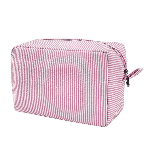 GFU Cosmetic Bag for Women, Large Makeup Bag, Travel Toiletry Stripe Cosmetic Bag, Seersucker Women Aesthetic Organizer Storage Pouch, Girls Handbags Purses (Pink) | Amazon (US)