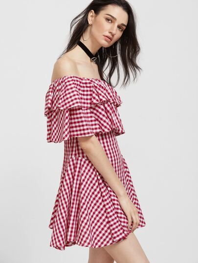 Red And White Gingham Off The Shoulder Layered Ruffle Dress | SHEIN