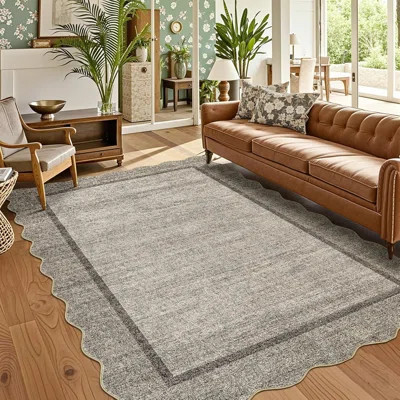 6x9 Washable Living Room Rug, Soft Scalloped Design, Non-Slip, Low Pile Neutral Carpet for Bedroom, Office, Foldable, Taupe | Wayfair North America