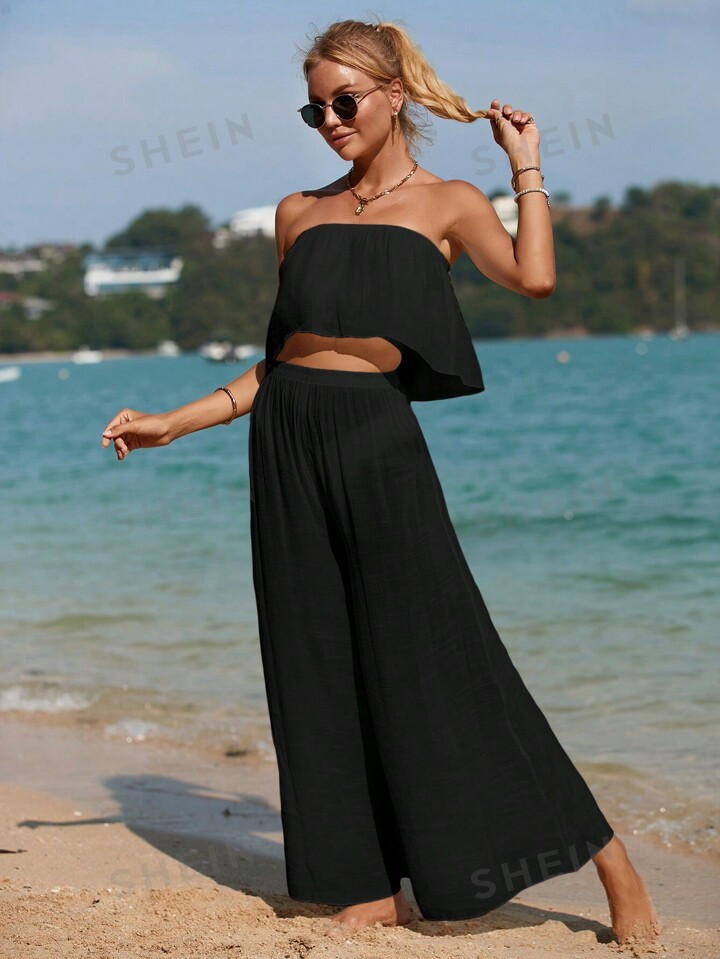 SHEIN VCAY Summer Beach Women's Fashion Solid Color Strapless Jumpsuit Cover-Up | SHEIN | SHEIN