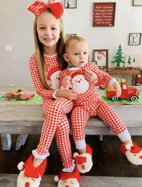 Red and white check Christmas pajamas, Christmas pajamas, Kid's Christmas pajamas | Etsy (US)