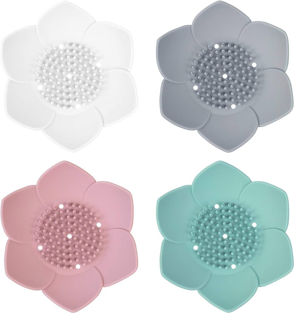 AUEAR, 4 Pack Lotus Flowers Soap Dish with Drain Silicone Soap Holder Non-Slip Flexible Soap Tray... | Amazon (US)