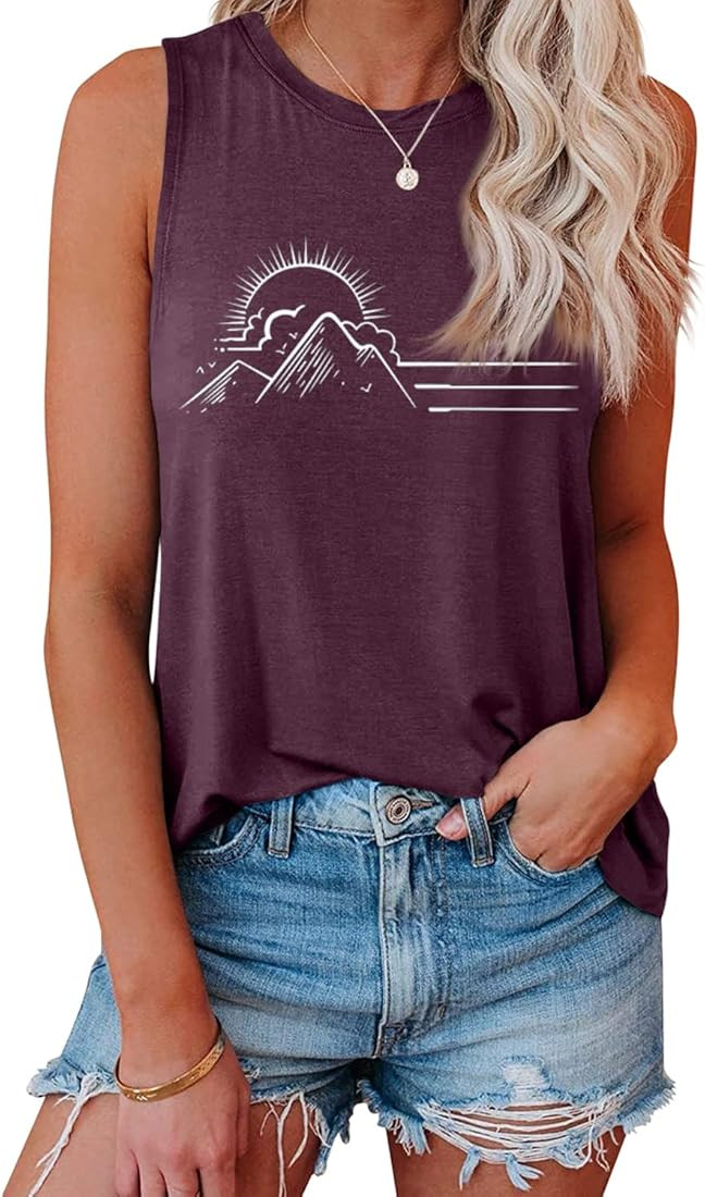 Womens Summer Tank Tops Casual Crewneck Sleeveless T Shirts Graphic Loose fit Tops | Amazon (US)