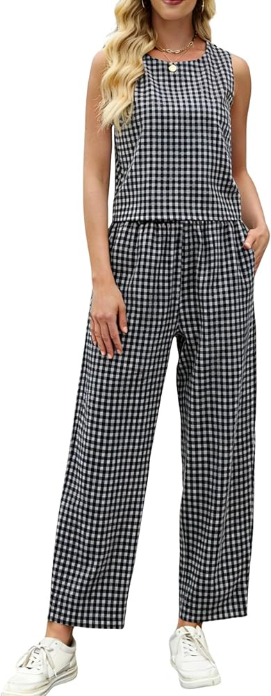 Tanming 2 Piece Sets for Women Summer Gingham Plaid Tank Top Crop Pants Travel Vacation Beach Lou... | Amazon (US)