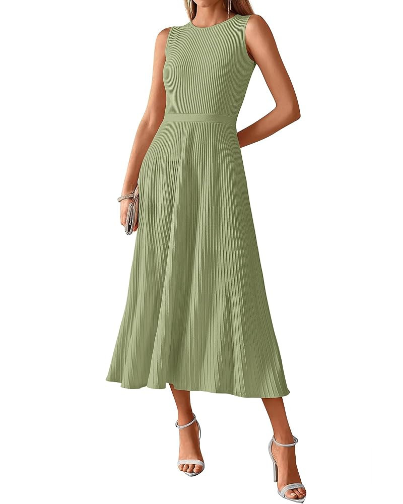 BTFBM Women's Midi Bodycon Tank Dress Summer Crewneck Rib Knit Sleeveless Pleated Swing A Line Bu... | Amazon (US)