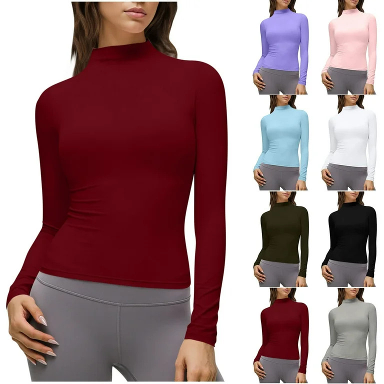 Zedker Long Sleeve Shirts for Women Mock Turtle Neck Slim Fit Fall Fashion Tight Tops Basic Tee W... | Walmart (US)