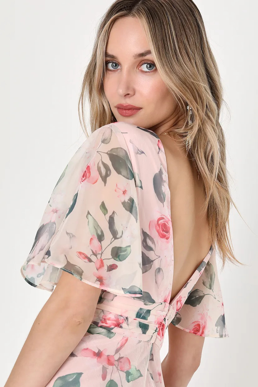 Marvelous Charm Blush Floral Flutter Sleeve Tiered Midi Dress | Lulus (US)