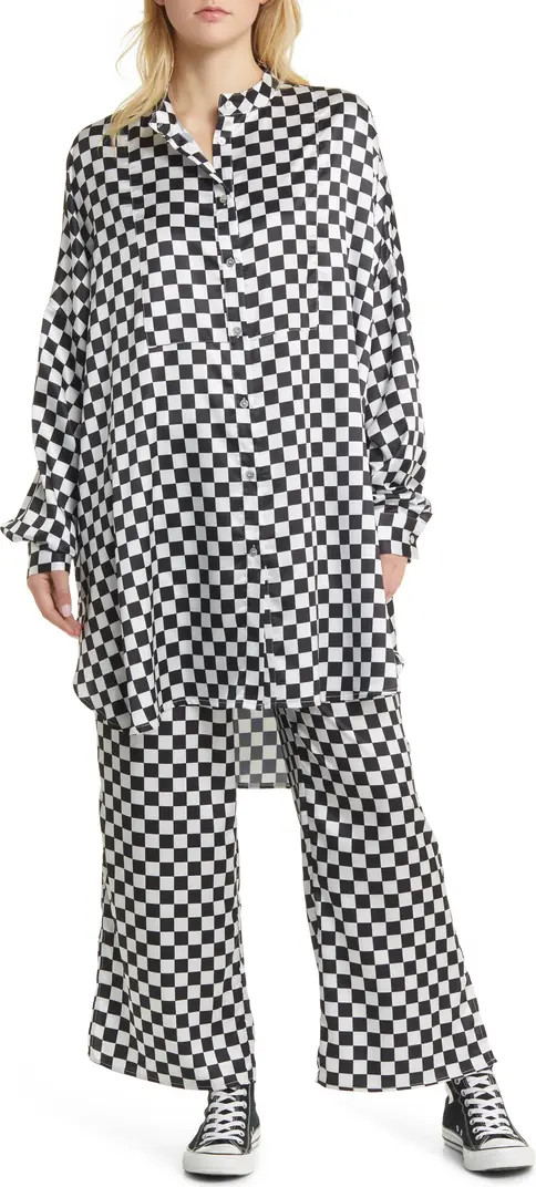 Checkerboard Button-Up Satin Shirt & Pants Set | Nordstrom