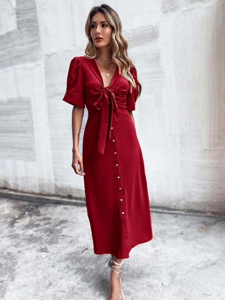 Knot Front Deep V-neck Button Through Dress | SHEIN