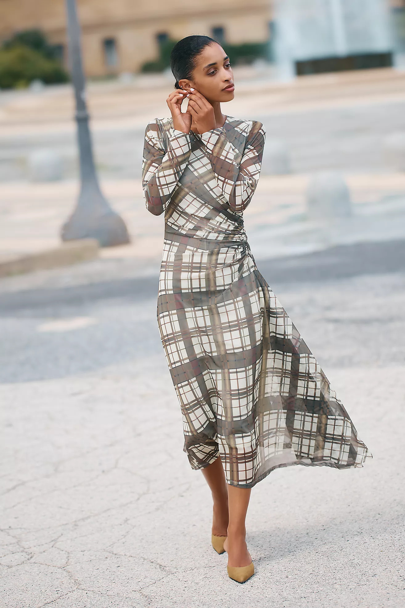 By Anthropologie Long-Sleeve Ruched Mesh Midi Dress | Anthropologie (US)