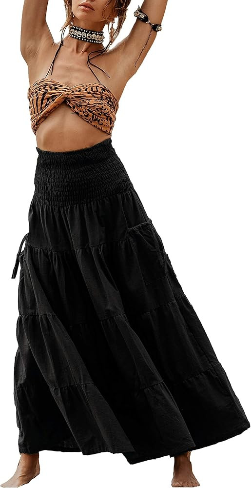 Thaluta Maxi Boho Skirt Long Pockets Cotton Hippie Bohemian Elastic Waist Gypsy Skirt | Amazon (US)