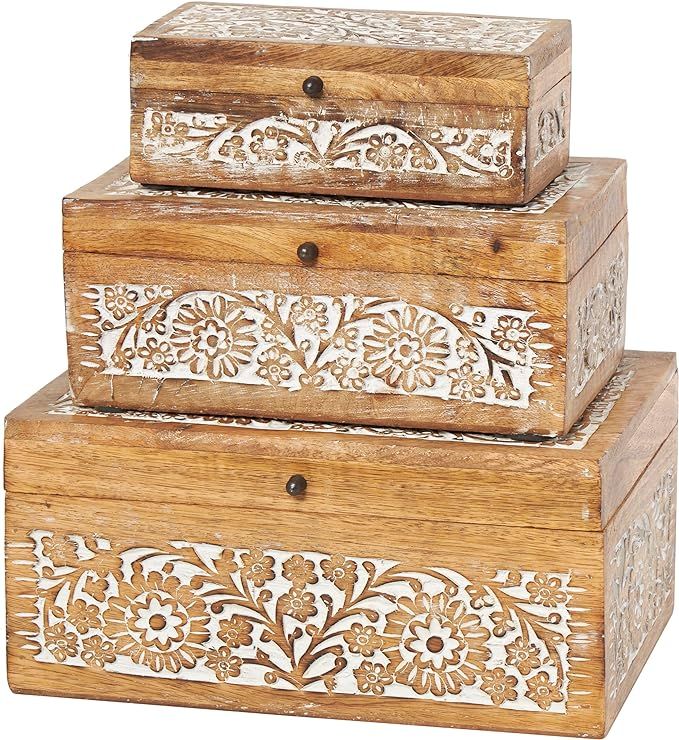 Deco 79 Mango Wood Floral Decorative Box Decorative Keepsake Boxes with Hinged Lid, Set of 3 Stor... | Amazon (US)