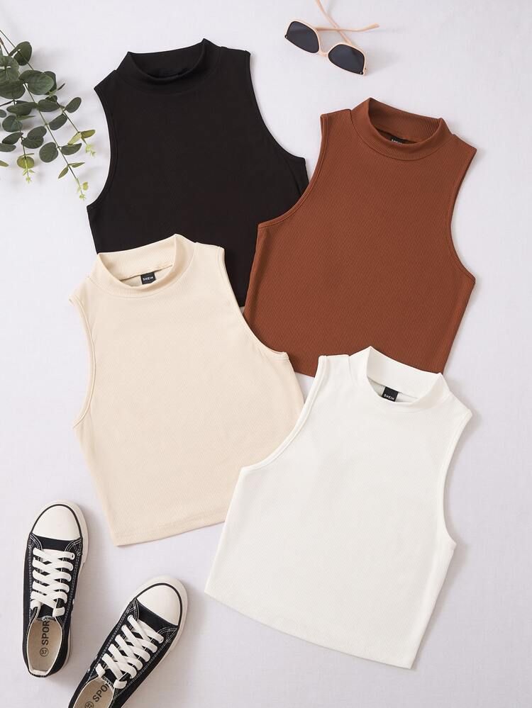Plus 4pcs Solid Ribbed Knit Tank Top | SHEIN