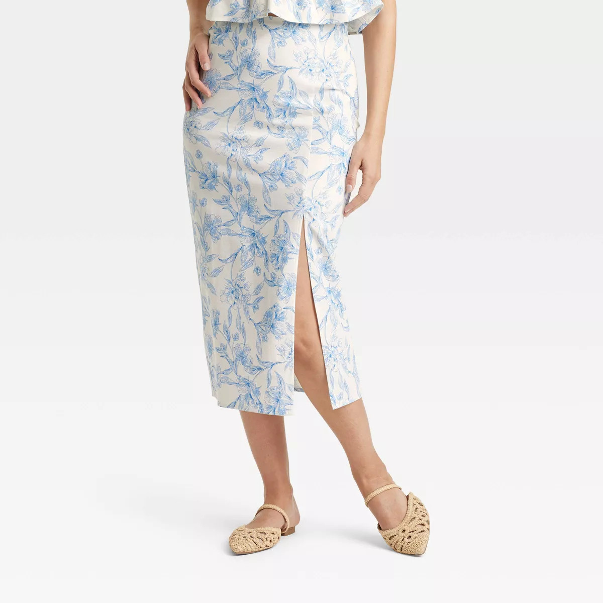 Women's Garden Party Midi A-Line Skirt - A New Day™ Cream/Blue Floral 0 | Target