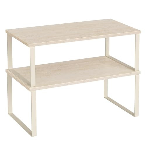 SONGMICS Cabinet Organizer Shelf, Set of 2 Kitchen Counter Shelves, Kitchen Storage, Spice Rack, Stackable, Expandable, Metal and Engineered Wood, Travertine Beige and Cream White UKCS025L01 | Amazon (US)