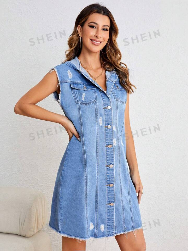 SHEIN Privé Ripped Raw Trim Button Front Denim Vest Jacket | SHEIN