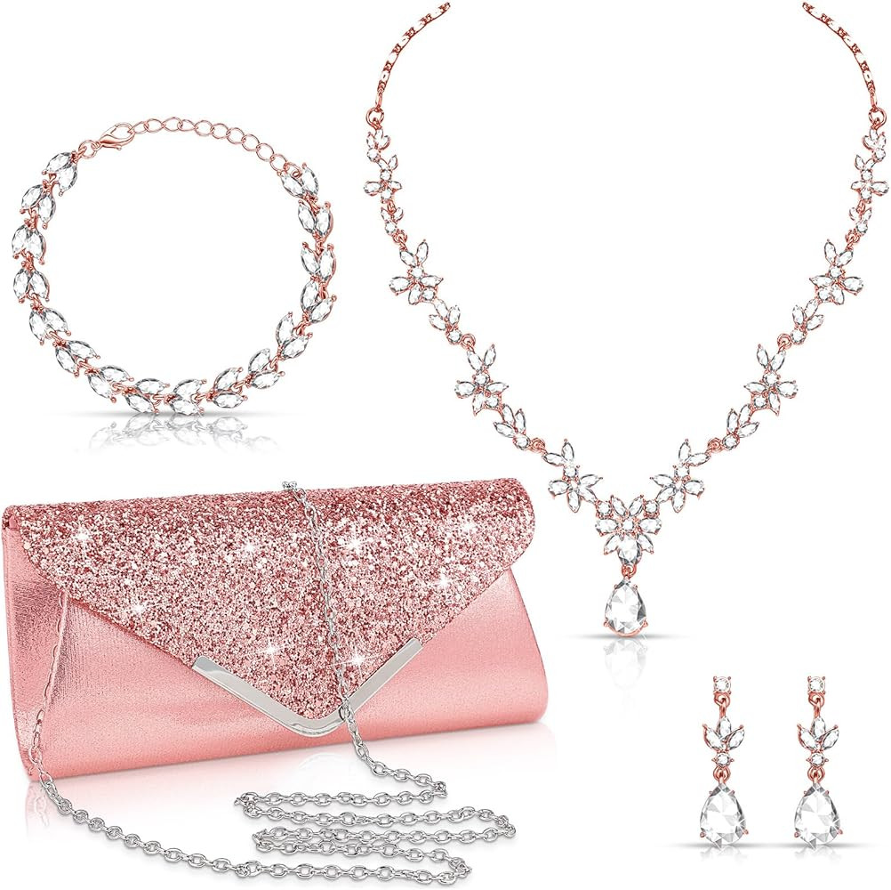 4 Pcs Women Rhinestone Jewelry Set Floral Wave Teardrop Crystal Wedding Necklace Earrings Floral ... | Amazon (US)