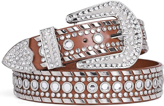SUOSDEY Rhinestone Belt for Men Women Western Cowboy Cowgirl Bling Studded Leather Belt for Jeans... | Amazon (US)