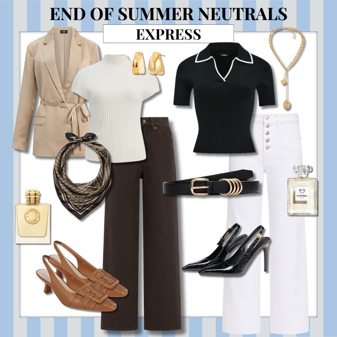 End of summer dressing is all about pieces that work now but won’t feel out of place a month from now. These Express neutrals mix cream, chocolate brown, black and white for outfits that make the seasonal transition easy.

Express fashion, summer to fall outfits, neutral outfits, transitional style, chocolate brown pants, white jeans, blazer outfit, office style, business casual, fall workwear, women’s fashion, AudrieDollins

#LTKootd #LTKSeasonal #LTKOver40