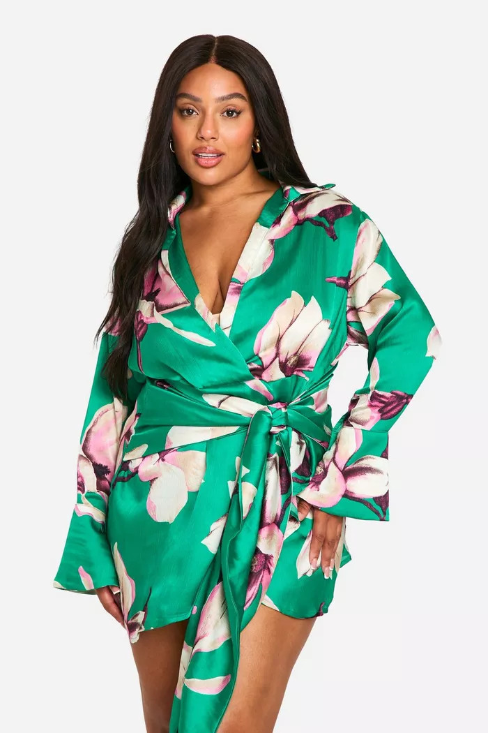 Plus Floral Print Tie Waist Shirt Wrap Dress | boohoo (US & Canada)