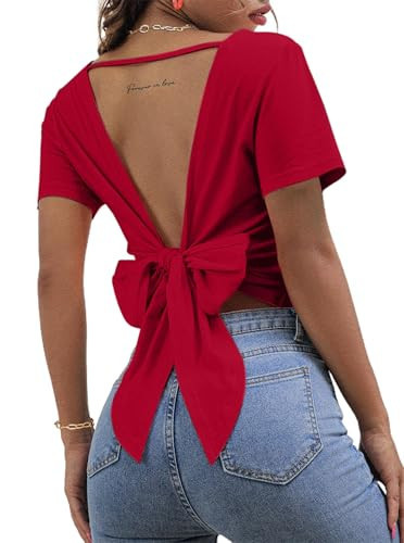 LilyCoco Women's Sexy Open Back Top Crew Neck Short Sleeve Tie Back Shirt Red X-Small | Amazon (US)