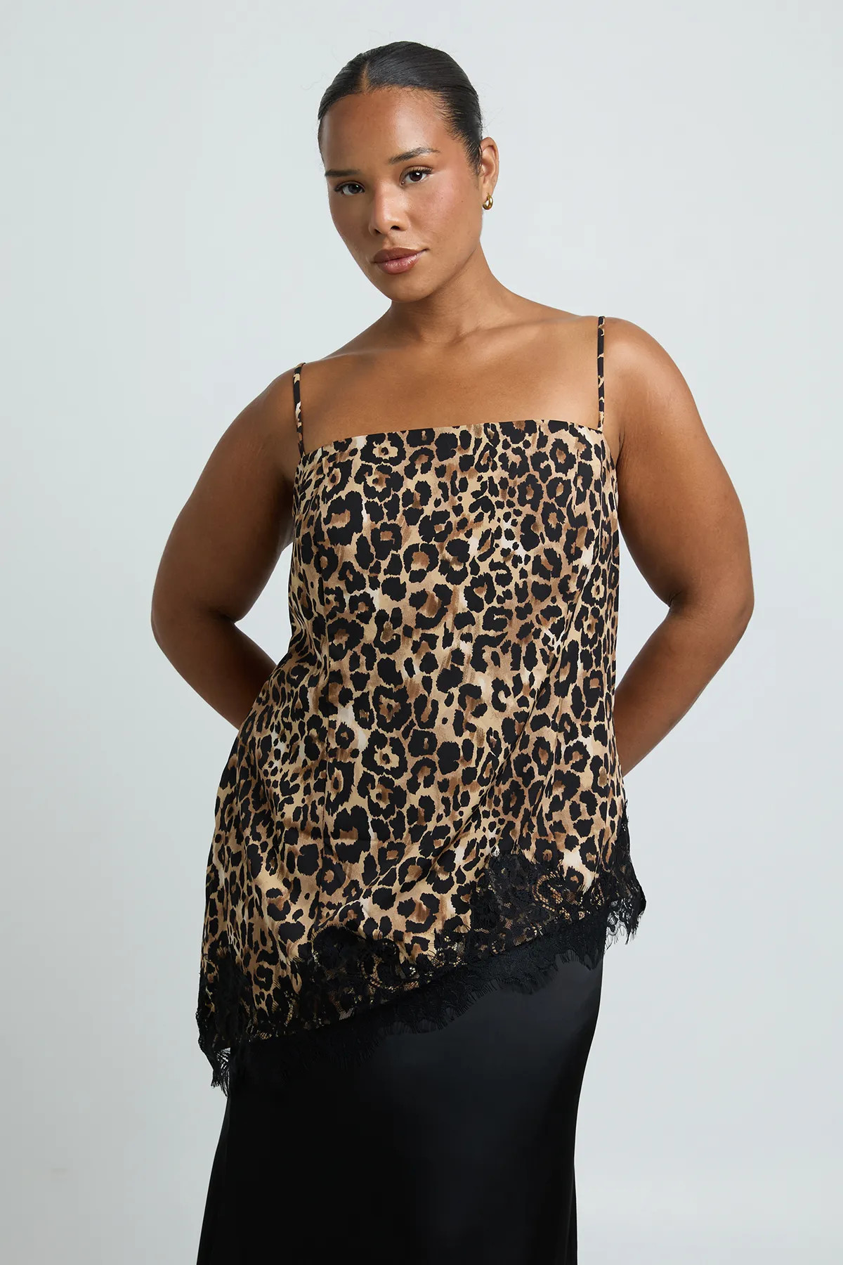 boohoo Women's Plus Woven Leopard Lace Hem Cami Top | Size: 16 | Satin/Woven | boohoo (US & Canada)