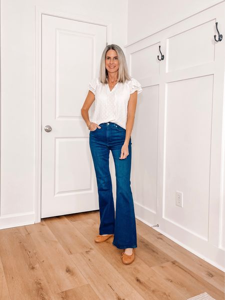 ⭐️ 50% off The cutest ruffle sleeve top, lined and sized down one to an XS. Really like the fit of these high rise flare jeans. Sized down one to a 27. Ballet flats are so comfortable! Been wearing them all day! 

Outfit ideas for women 
Teacher outfit idea 
Love Loft 
Loft outfits 


#LTKsalealert #LTKover40 #LTKfindsunder50