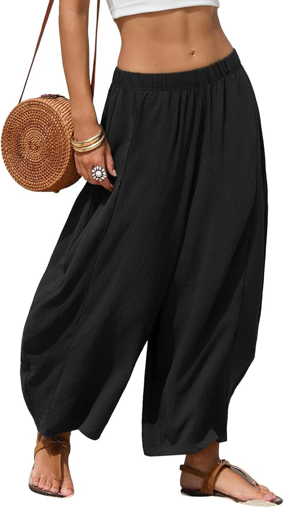 EXLURA Womens Faux Linen Wide Leg Boho Flowy Pants Summer Palazzo Casual Elastic Waist Baggy Trou... | Amazon (CA)