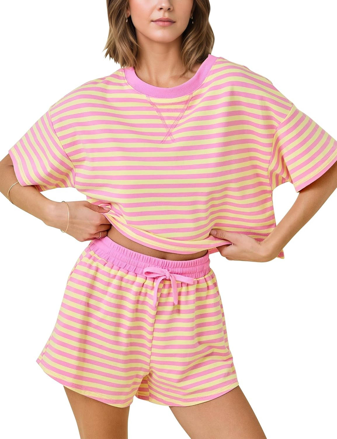 MISSACTIVER Womens Lounge 2 Piece Sets Summer Striped Matching Pajamas Set Short Sleeve Oversized T Shirts Drawstring Shorts | Amazon (US)