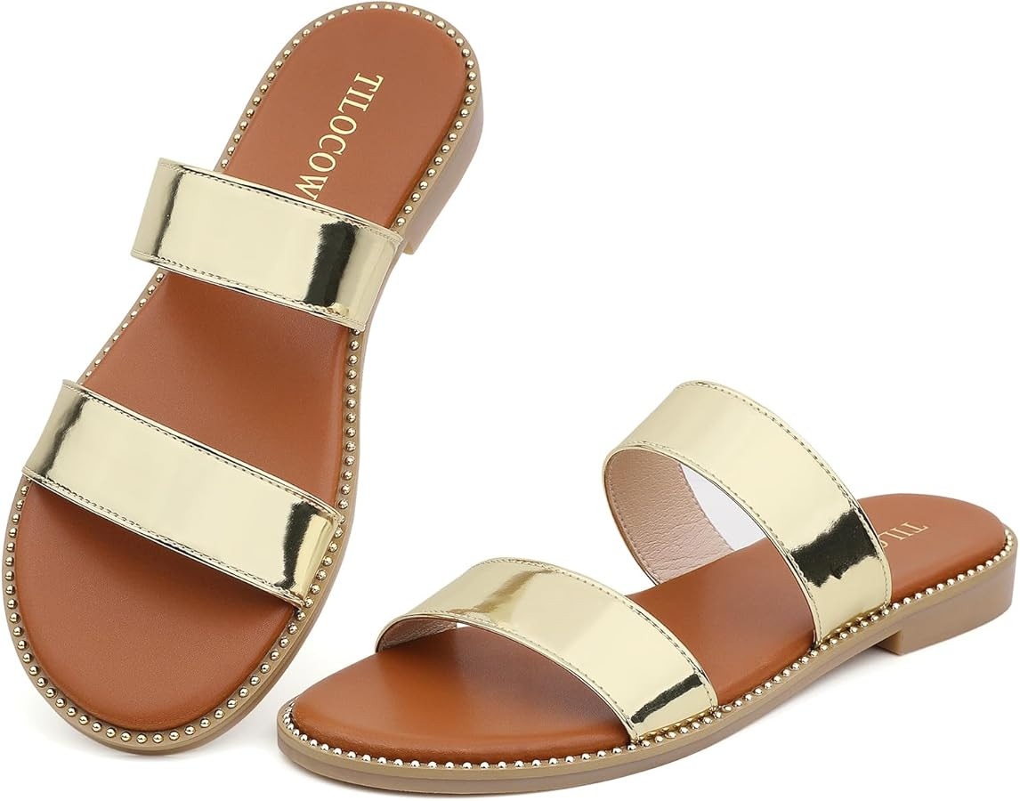 Tilocow Women's Flat Sandals with Rivets Inlaid Slip on Sandals Two Strap Casual Summer Slide Sho... | Amazon (US)