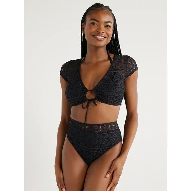 Time and Tru Women's and Plus Crochet Swimsuit Top with Short Sleeves, Sizes S-2X | Walmart (US)